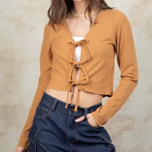 Tie Front Long Sleeve Crop Top