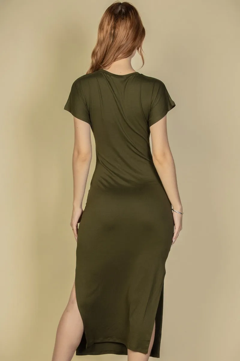 Tie Front Short Sleeve Side Slit Dress