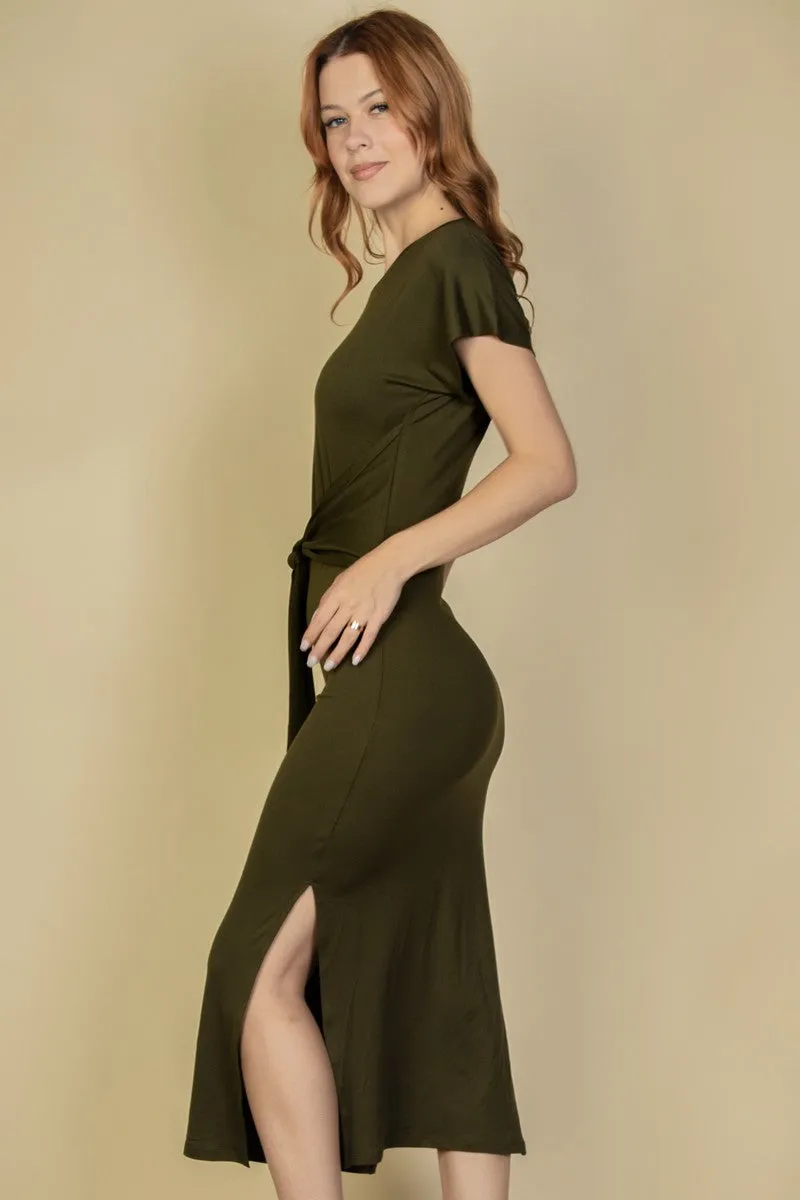 Tie Front Short Sleeve Side Slit Dress