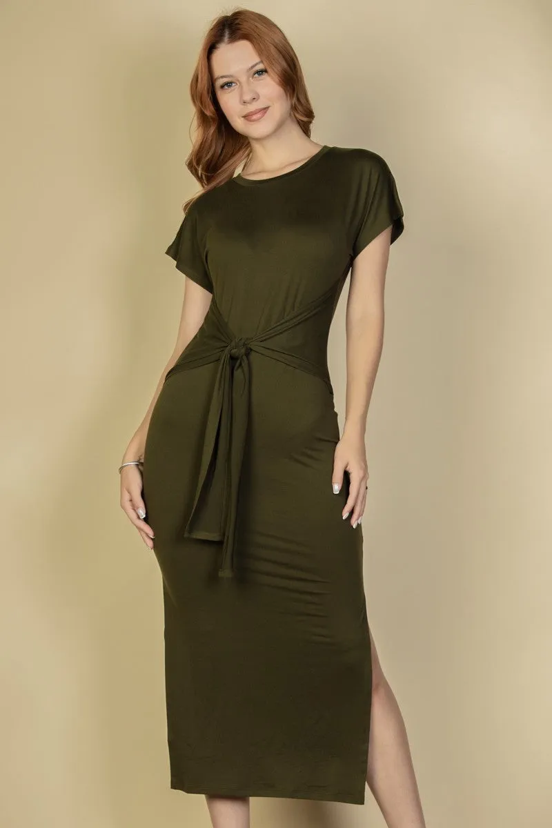 Tie Front Short Sleeve Side Slit Dress