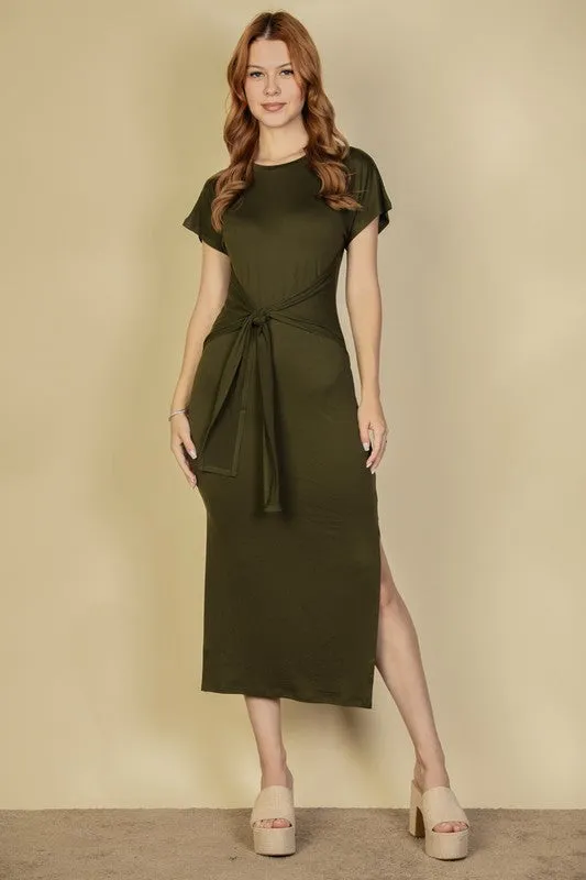 Tie Front Short Sleeve Side Slit Dress