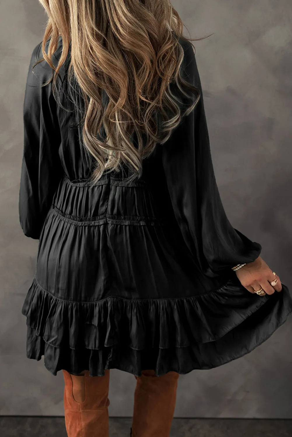 Tiered Ruffled Puff Sleeve Loose Fit Mini Dress