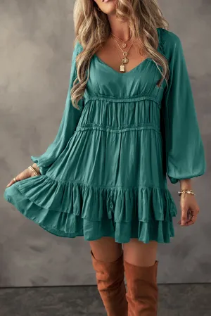 Tiered Ruffled Puff Sleeve Loose Fit Mini Dress