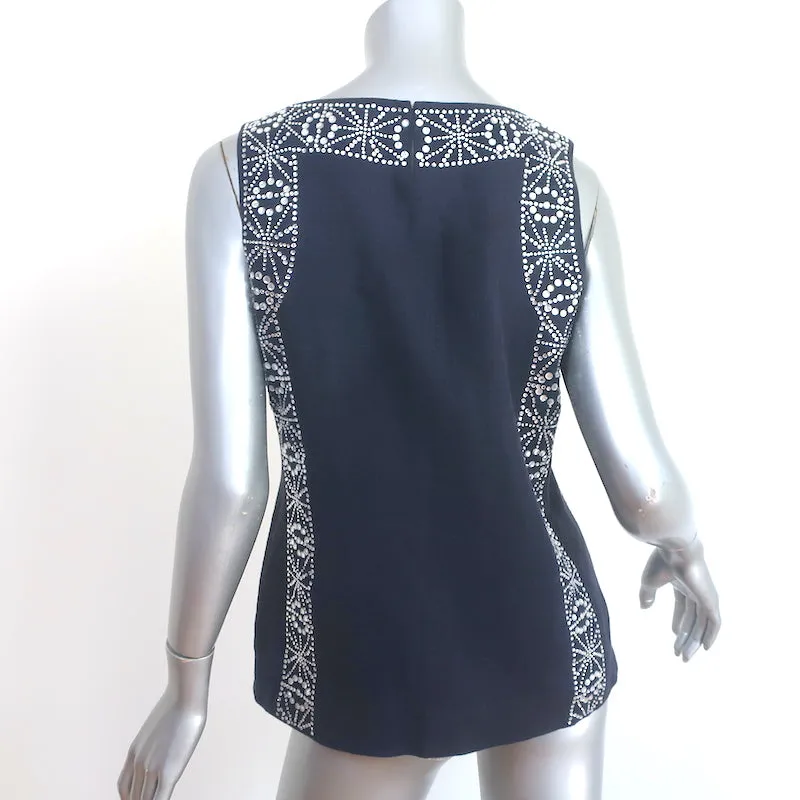 Tory Burch Crystal-Embellished Top Navy Linen Size 4 Sleeveless Blouse