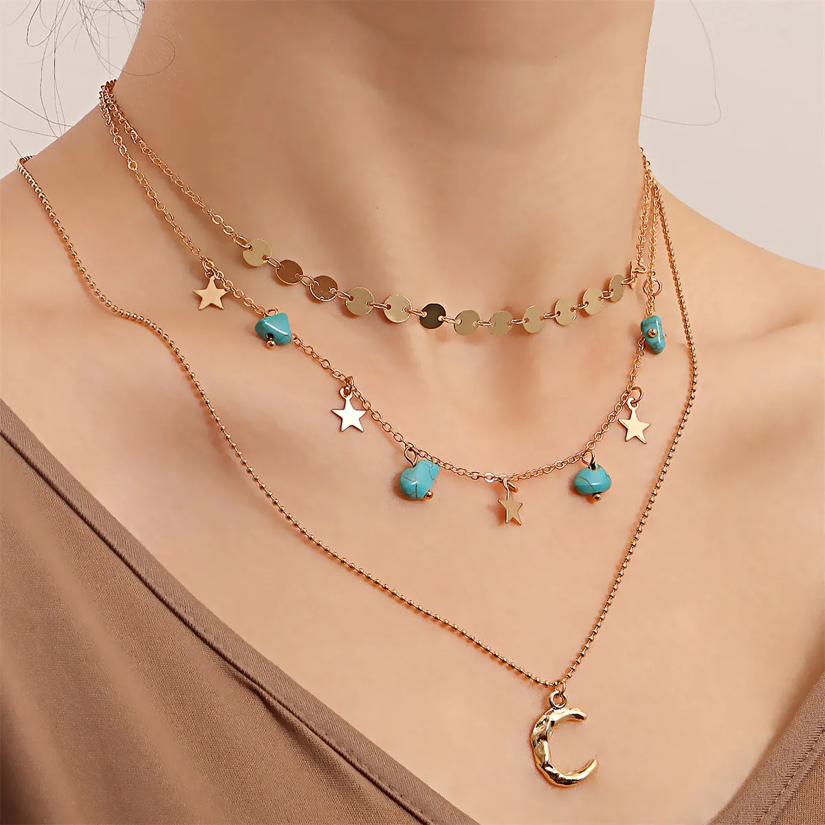 Turquoise & 18K Gold-Plated Star Moon Layered Pendant Necklace