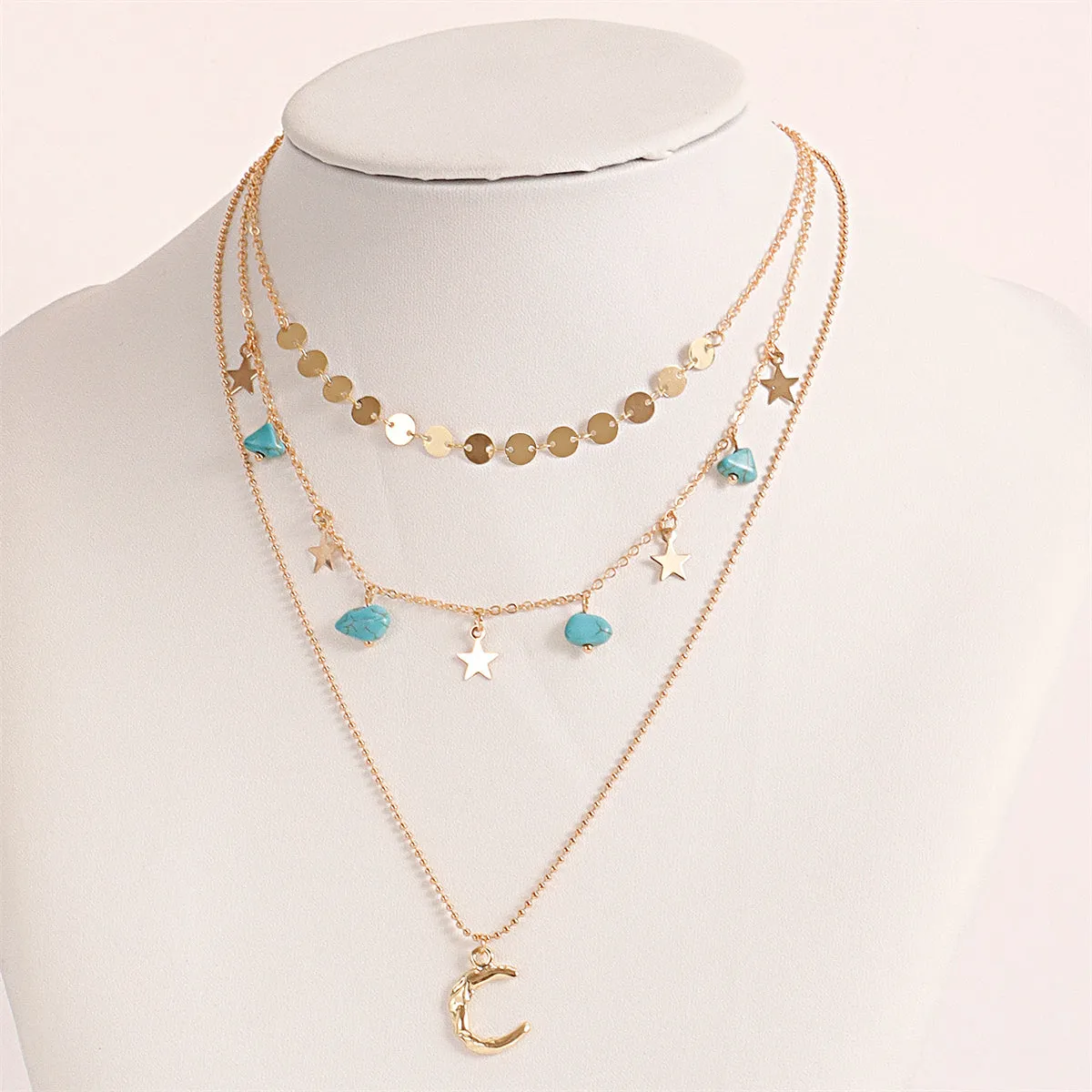 Turquoise & 18K Gold-Plated Star Moon Layered Pendant Necklace