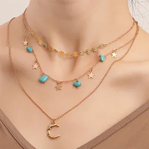 Turquoise & 18K Gold-Plated Star Moon Layered Pendant Necklace