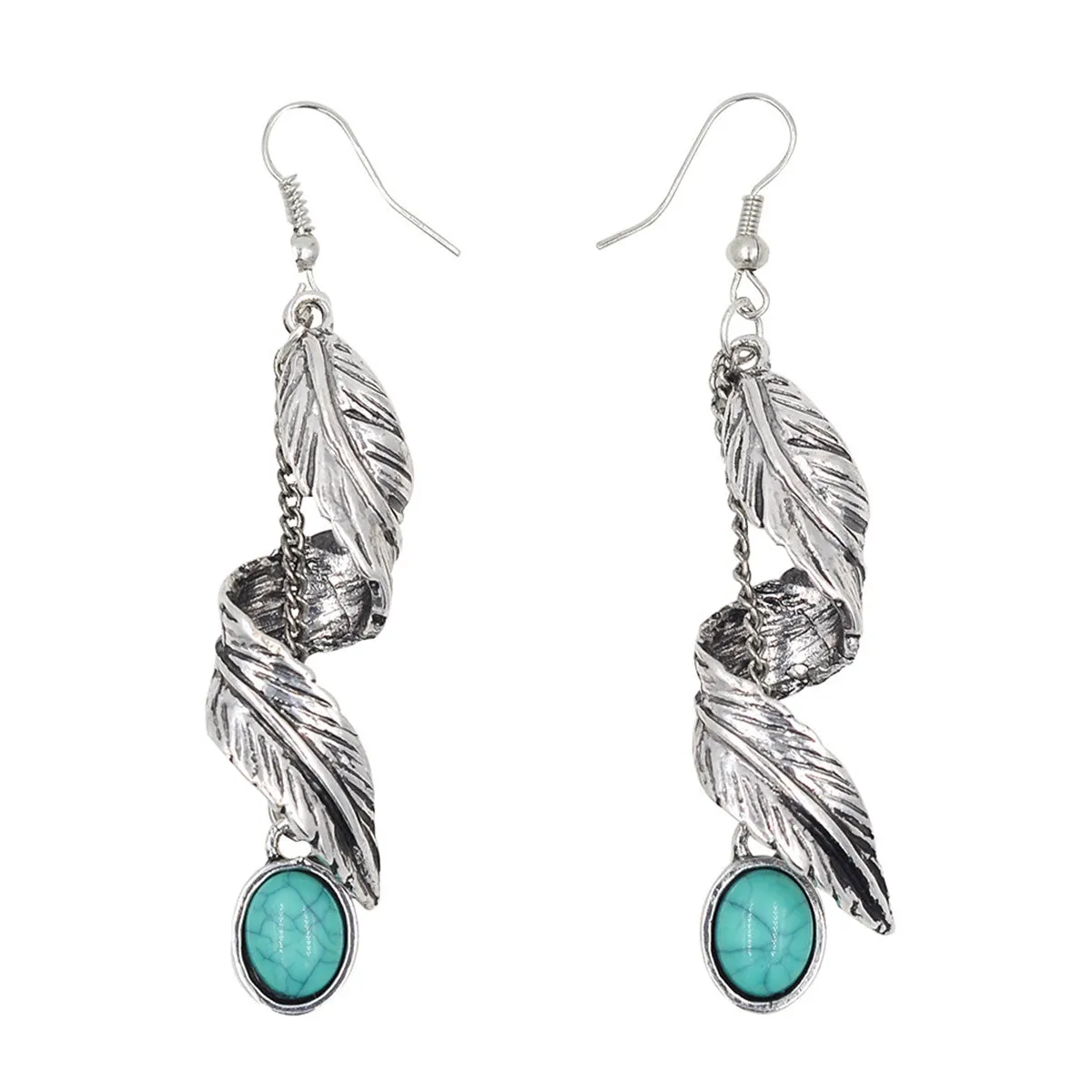 Turquoise & Silver-Plated Feather Twist Drop Earrings