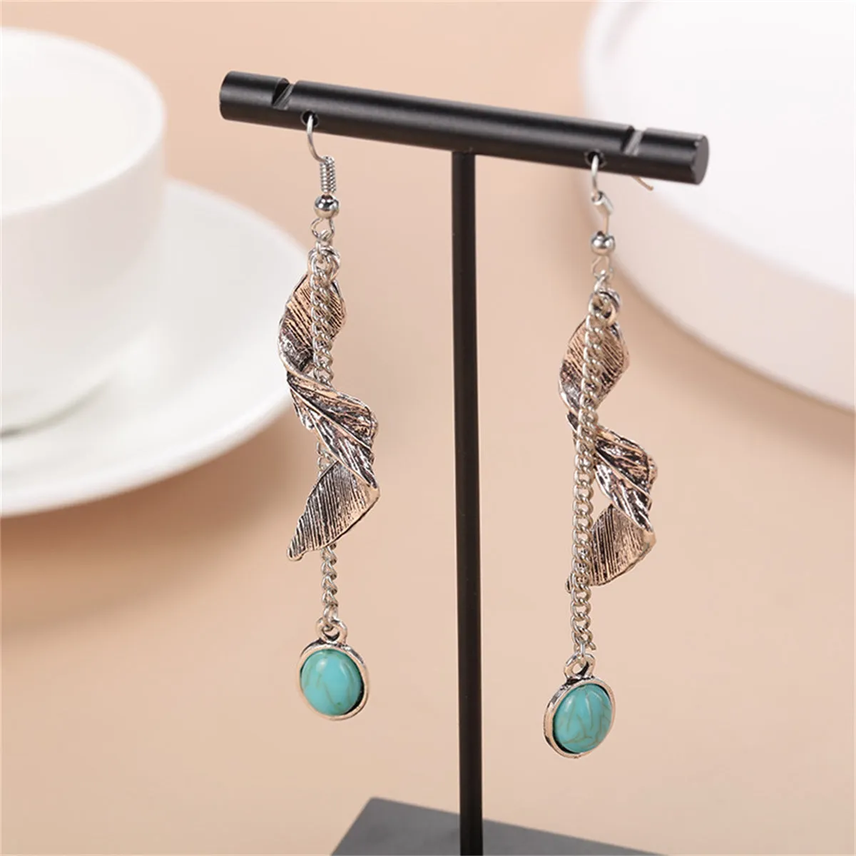 Turquoise & Silver-Plated Feather Twist Drop Earrings