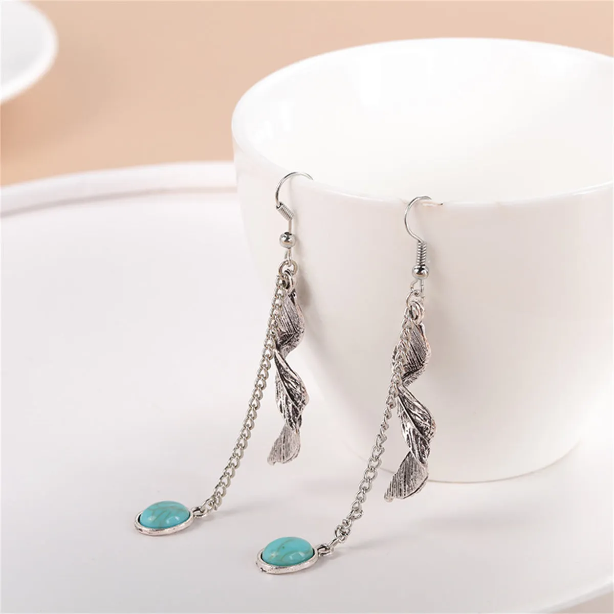Turquoise & Silver-Plated Feather Twist Drop Earrings
