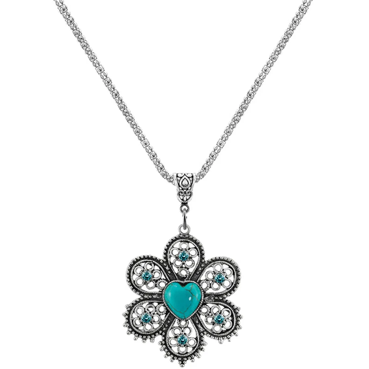 Turquoise & Silver-Plated Heart Flower Pendant Necklace