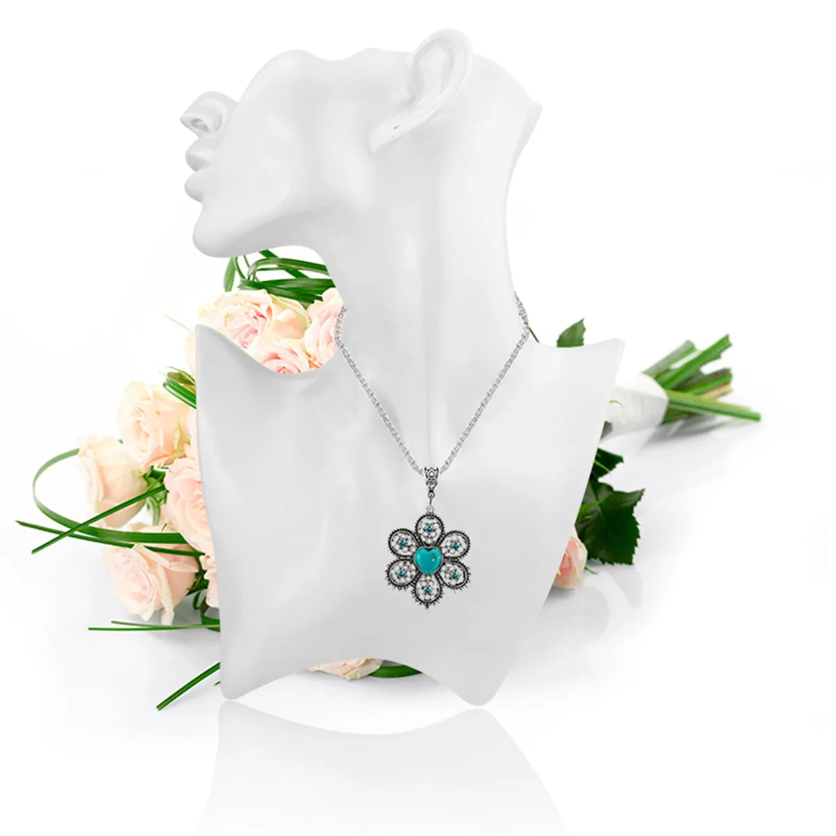 Turquoise & Silver-Plated Heart Flower Pendant Necklace