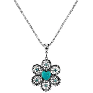 Turquoise & Silver-Plated Heart Flower Pendant Necklace