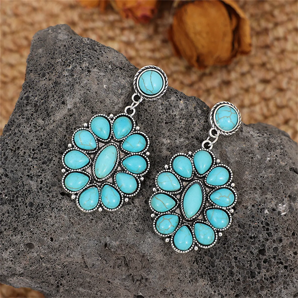 Turquoise & Silver-Plated Round Oval Drop Earrings