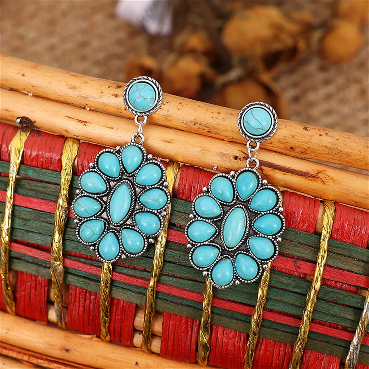 Turquoise & Silver-Plated Round Oval Drop Earrings