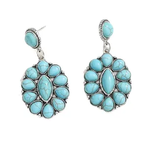 Turquoise & Silver-Plated Round Oval Drop Earrings
