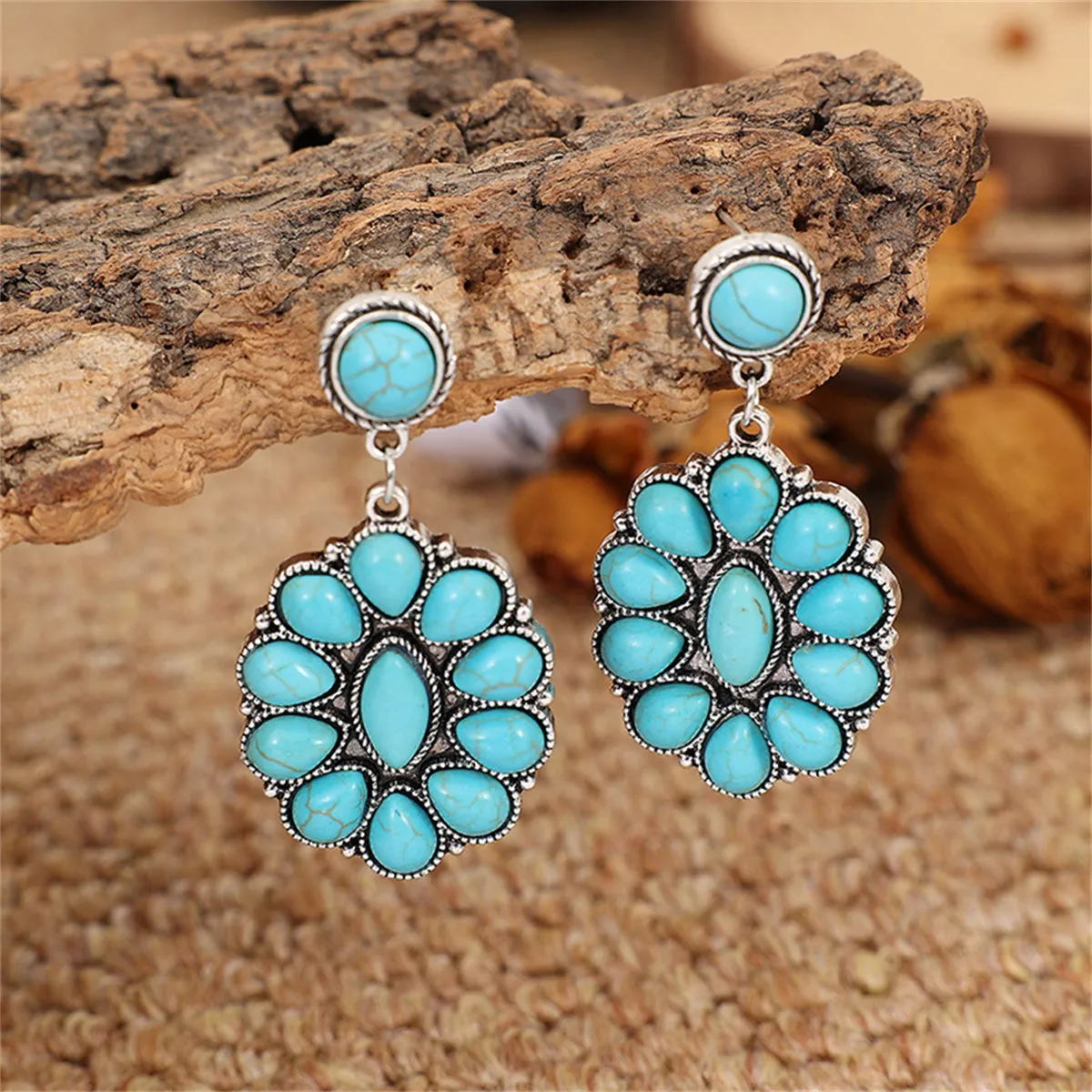 Turquoise & Silver-Plated Round Oval Drop Earrings