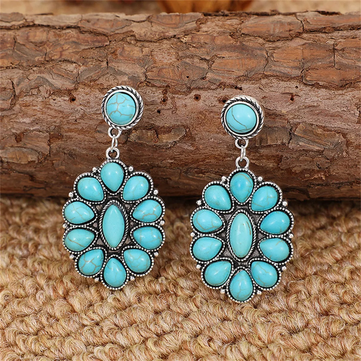 Turquoise & Silver-Plated Round Oval Drop Earrings