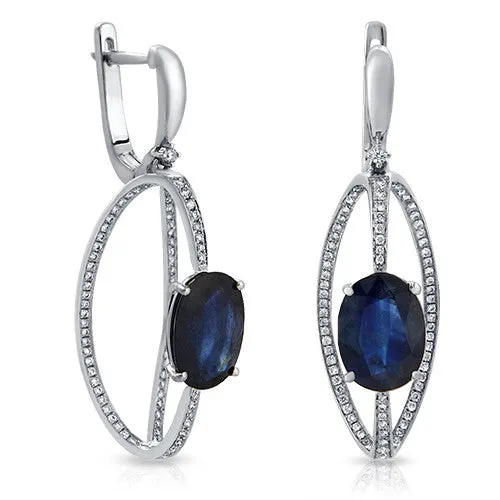 Unique 6.68 ct. Oval Sapphire and Diamond Dangling Earrings in 14k White gold