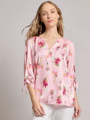 V-Neck Tie-Sleeve Blouse, Hammered Satin