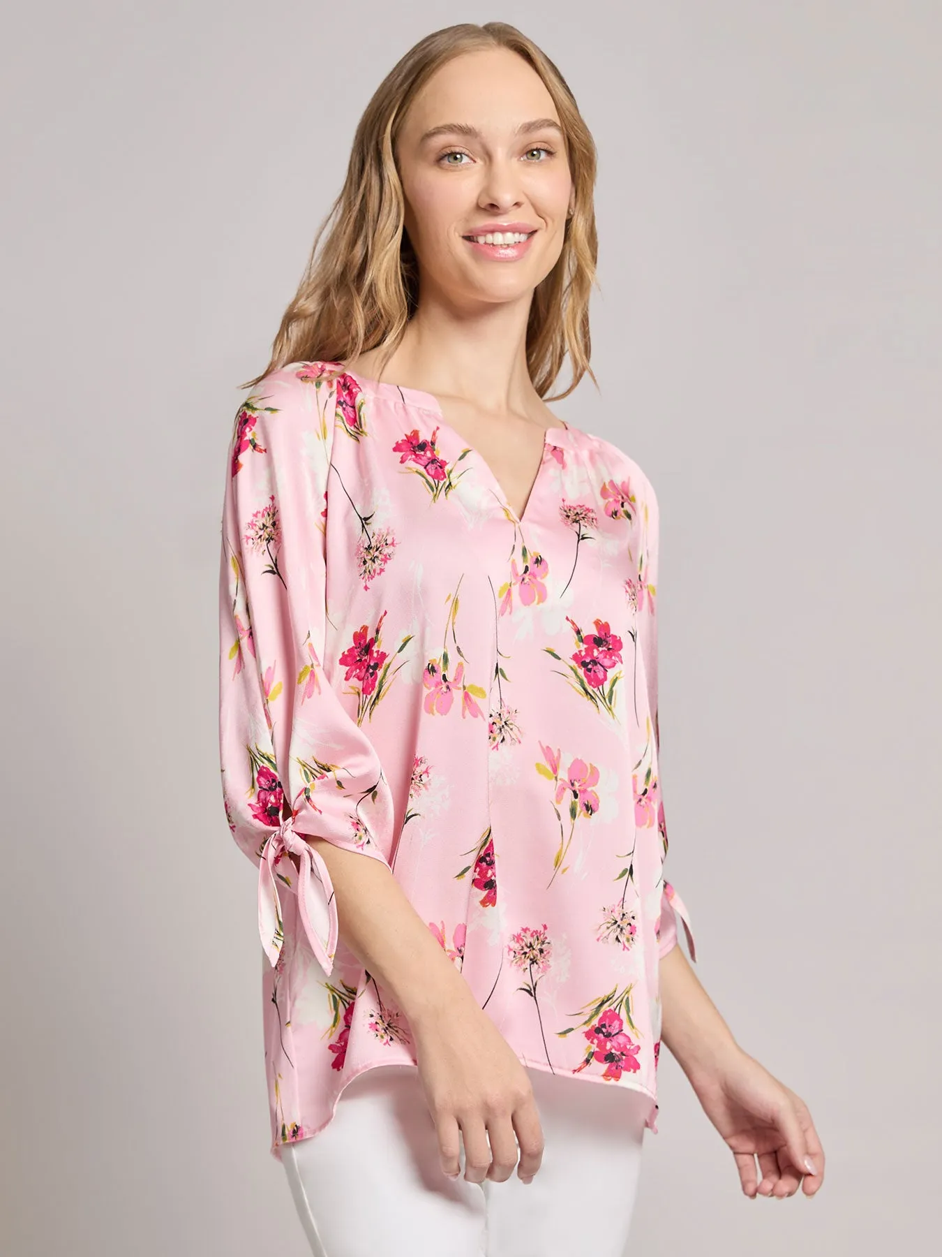 V-Neck Tie-Sleeve Blouse, Hammered Satin