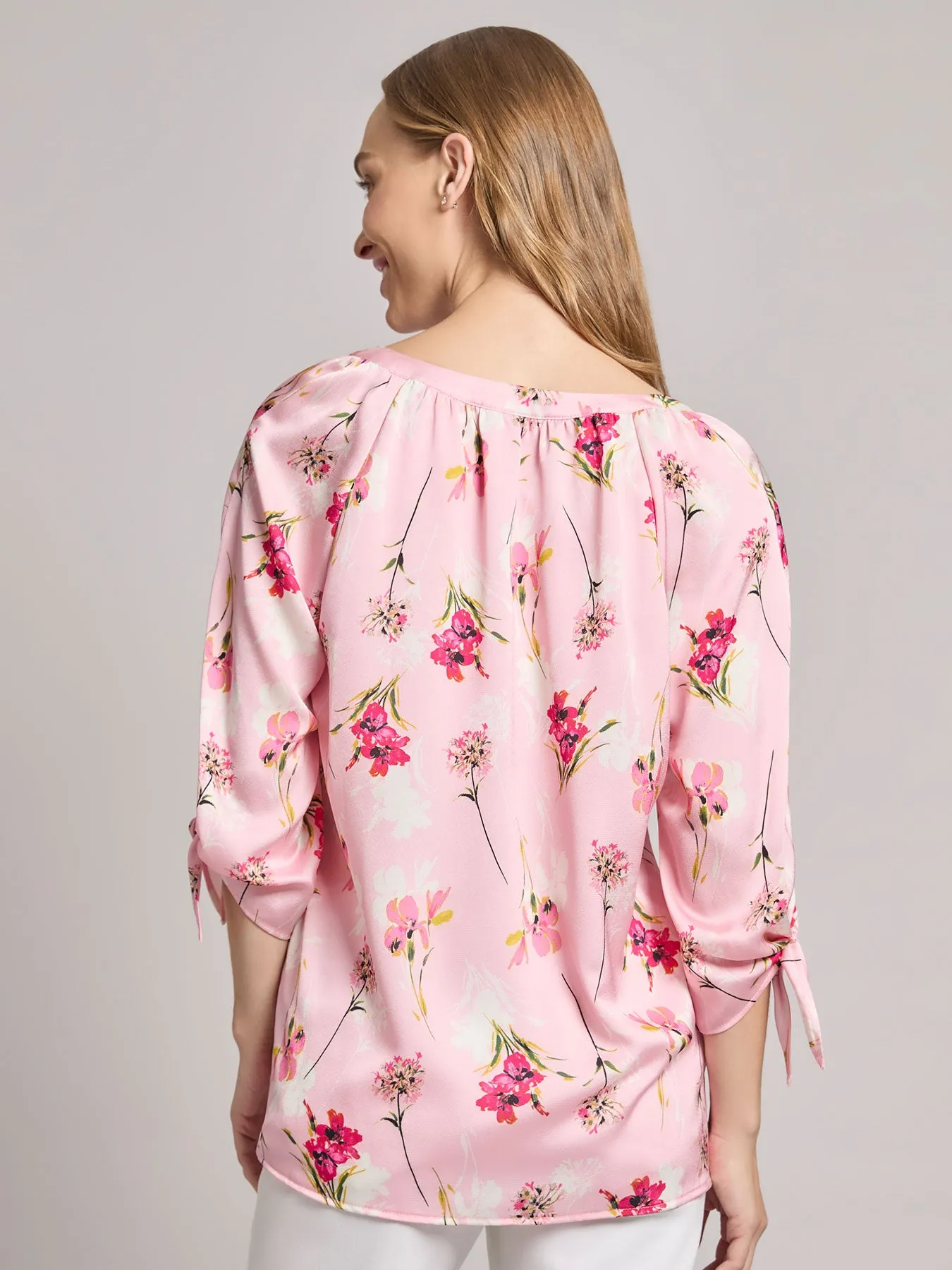 V-Neck Tie-Sleeve Blouse, Hammered Satin