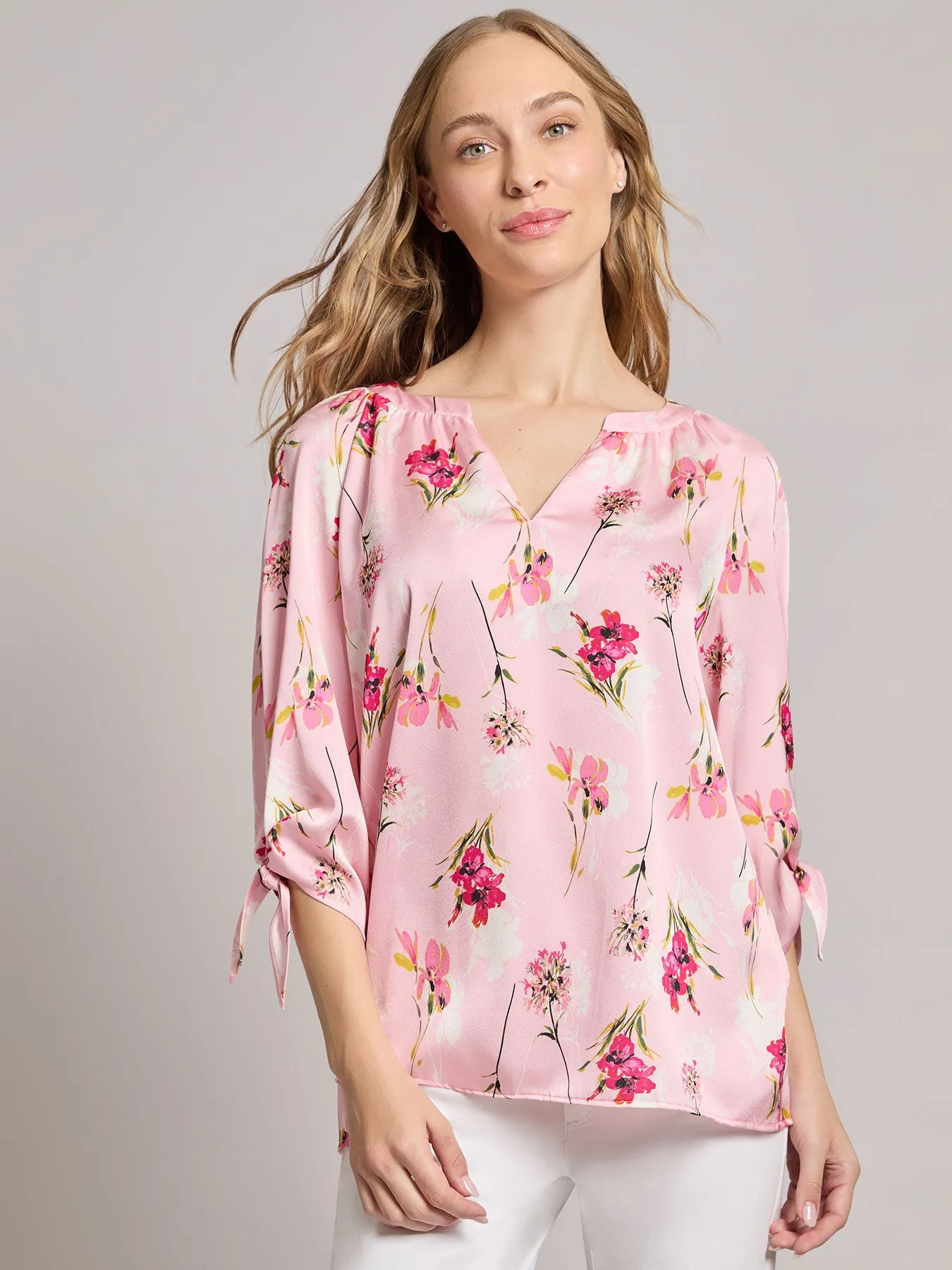 V-Neck Tie-Sleeve Blouse, Hammered Satin