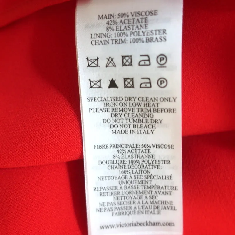 Victoria Beckham Chain-Embellished Dress Red Crepe Size US 8 Long Sleeve Midi