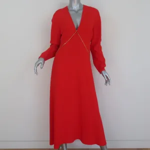 Victoria Beckham Chain-Embellished Dress Red Crepe Size US 8 Long Sleeve Midi