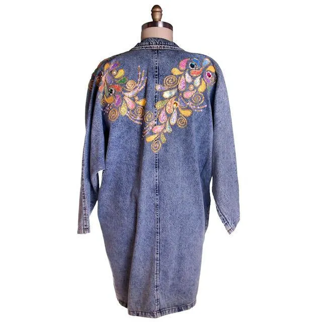 Vintage Denim Coat Laura Rogers Originals Hand Painted 1980s