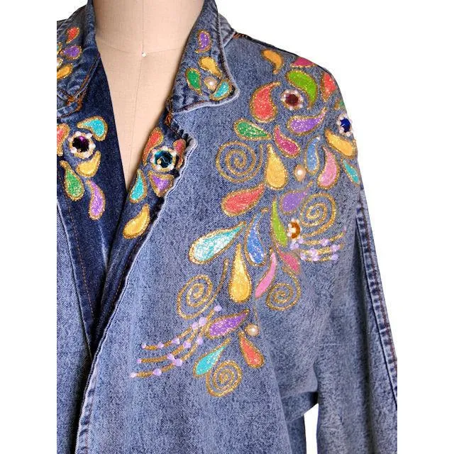 Vintage Denim Coat Laura Rogers Originals Hand Painted 1980s