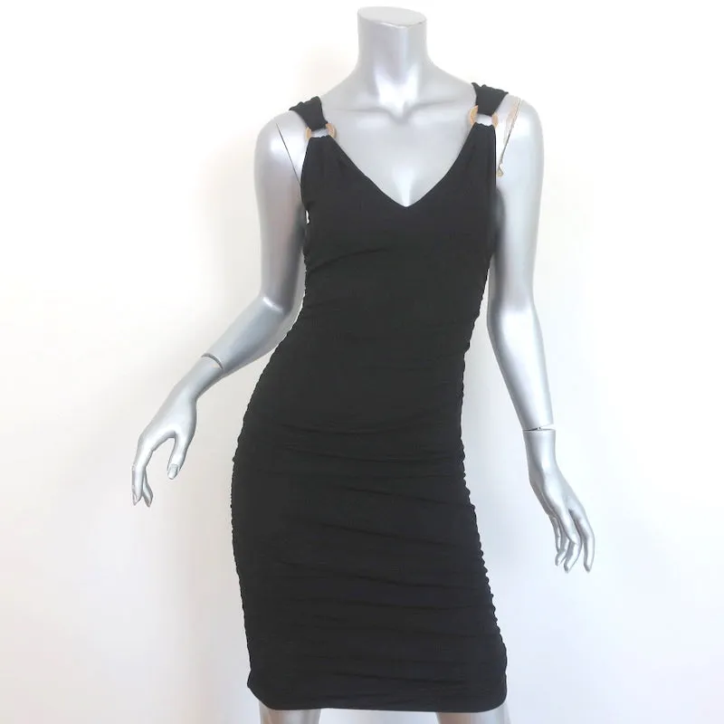 Vintage Gianni Versace Ring-Embellished Dress Black Ruched Jersey Size 38