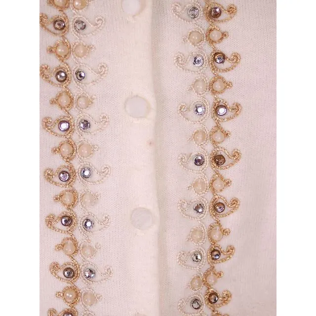 Vintage Ladies Ivory Sweater Embellished w Beads & Rhinestones 1950s M