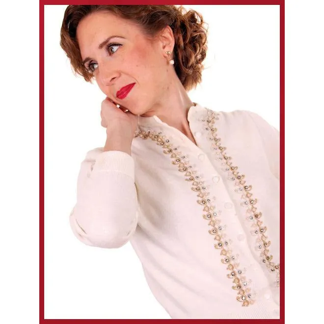 Vintage Ladies Ivory Sweater Embellished w Beads & Rhinestones 1950s M