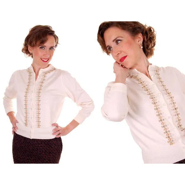 Vintage Ladies Ivory Sweater Embellished w Beads & Rhinestones 1950s M