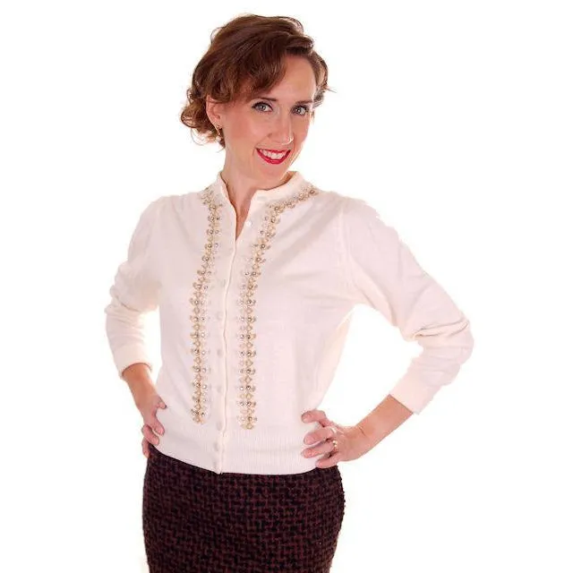 Vintage Ladies Ivory Sweater Embellished w Beads & Rhinestones 1950s M