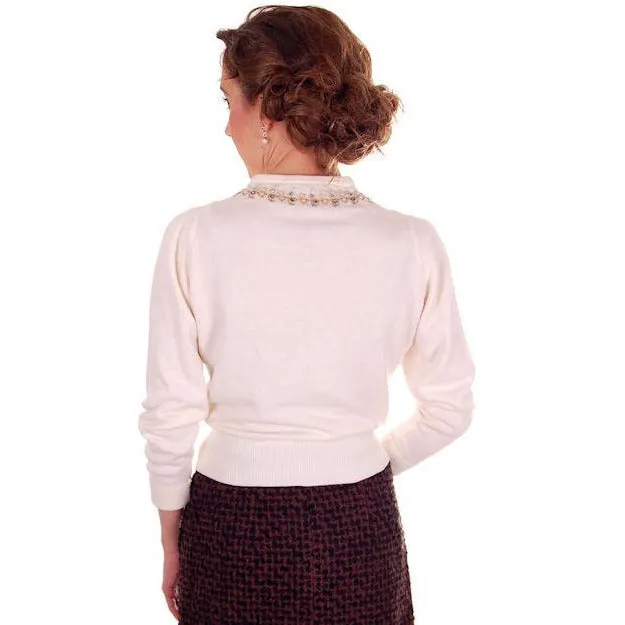 Vintage Ladies Ivory Sweater Embellished w Beads & Rhinestones 1950s M