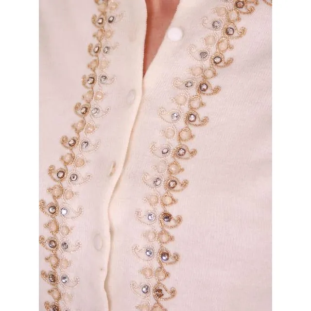 Vintage Ladies Ivory Sweater Embellished w Beads & Rhinestones 1950s M