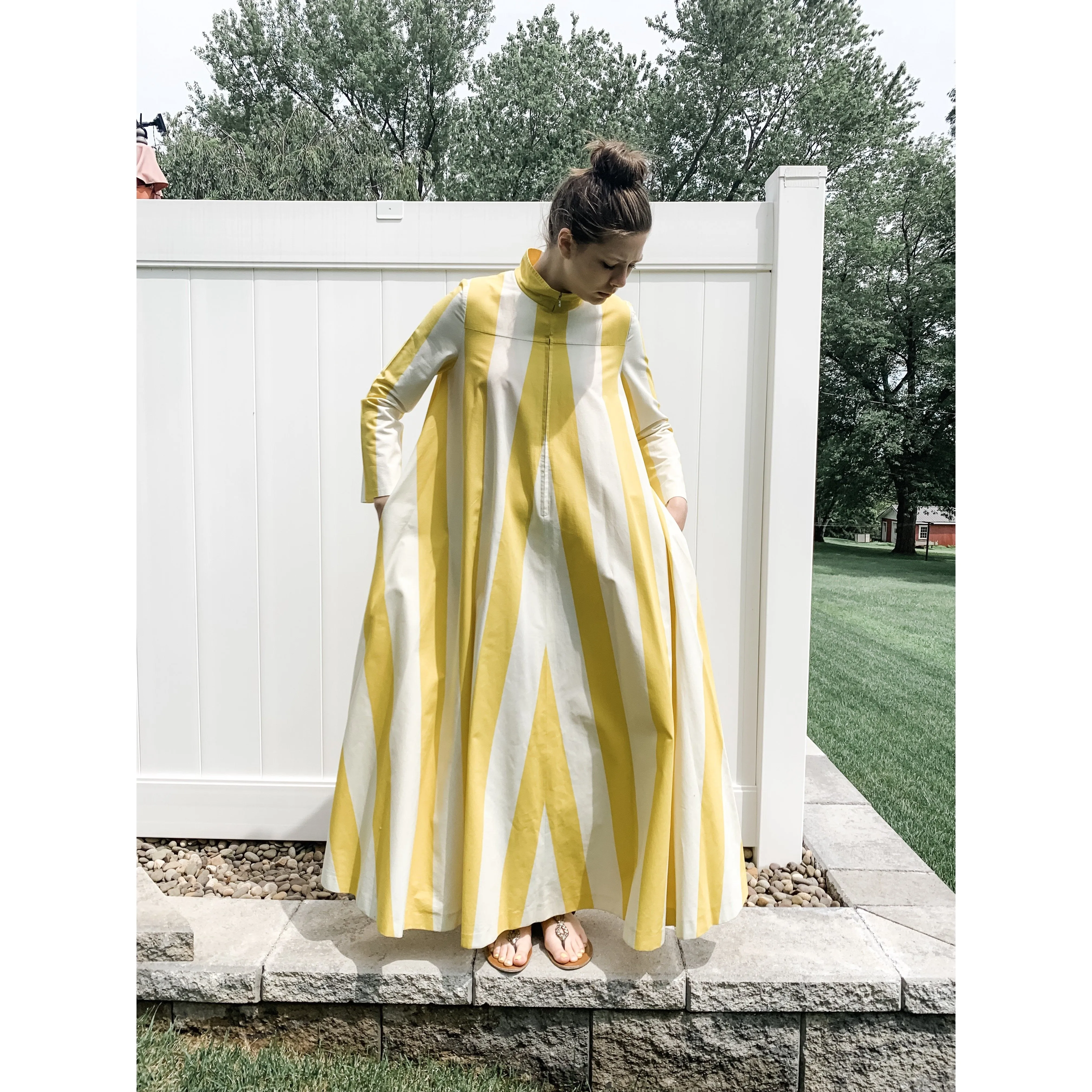Vintage Vuokko Awning Stripe Gown, Iconic Style, Finnish Designer 1970s Yellow White
