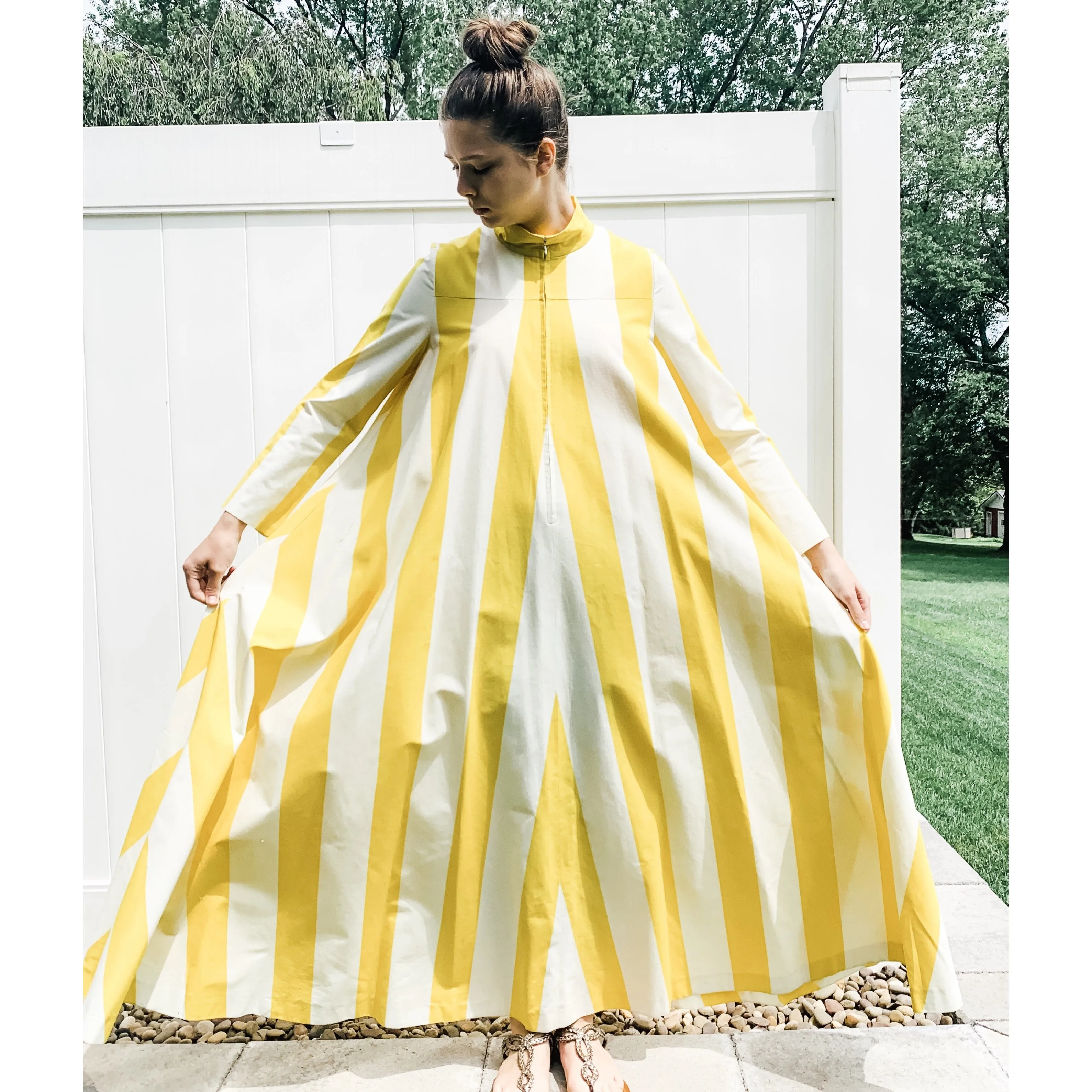 Vintage Vuokko Awning Stripe Gown, Iconic Style, Finnish Designer 1970s Yellow White