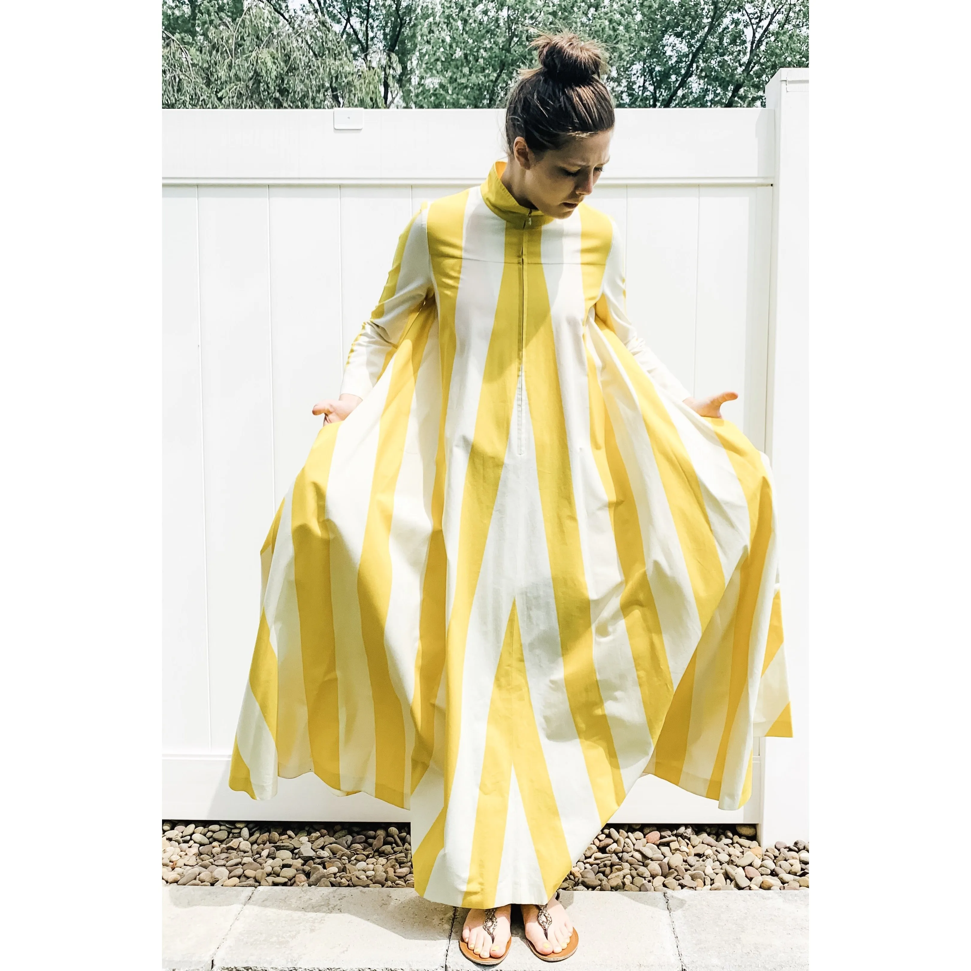 Vintage Vuokko Awning Stripe Gown, Iconic Style, Finnish Designer 1970s Yellow White