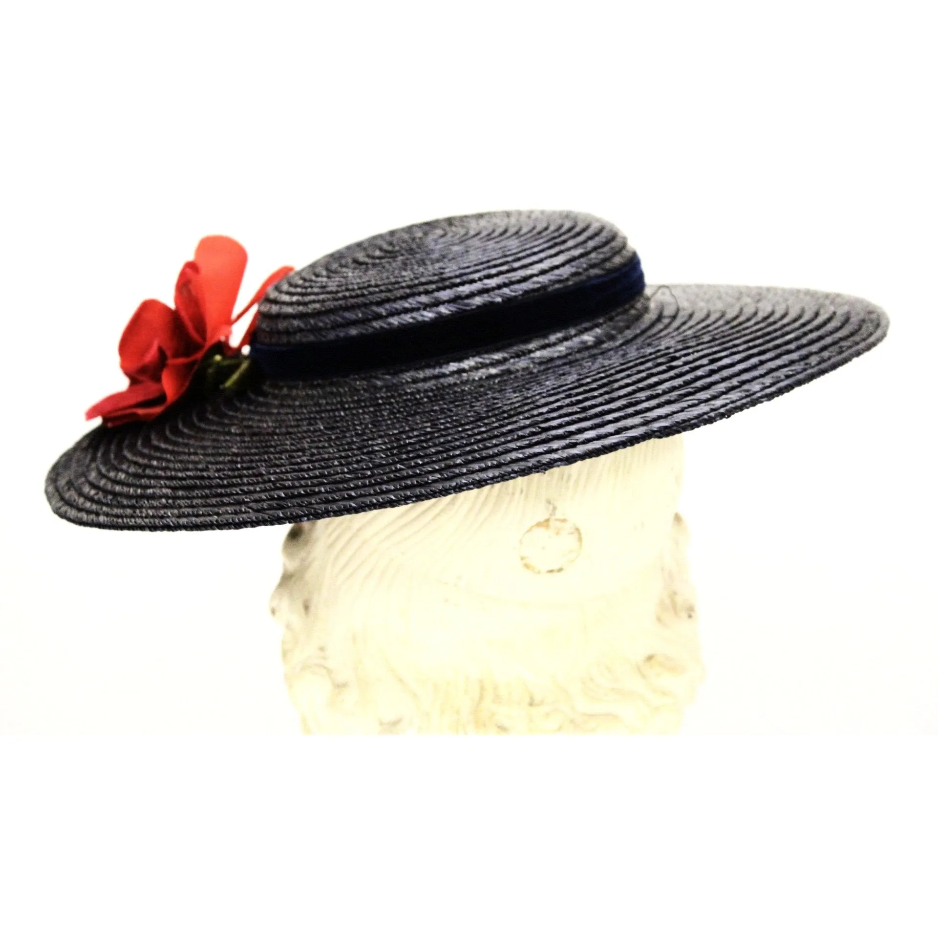 Vintage Wide Brim Dark Navy Blue Straw Hat 1940s Church Saucer Hat Red Rose O/S