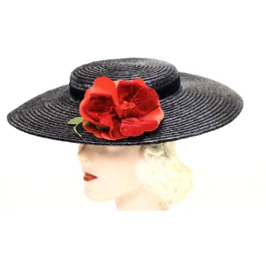 Vintage Wide Brim Dark Navy Blue Straw Hat 1940s Church Saucer Hat Red Rose O/S