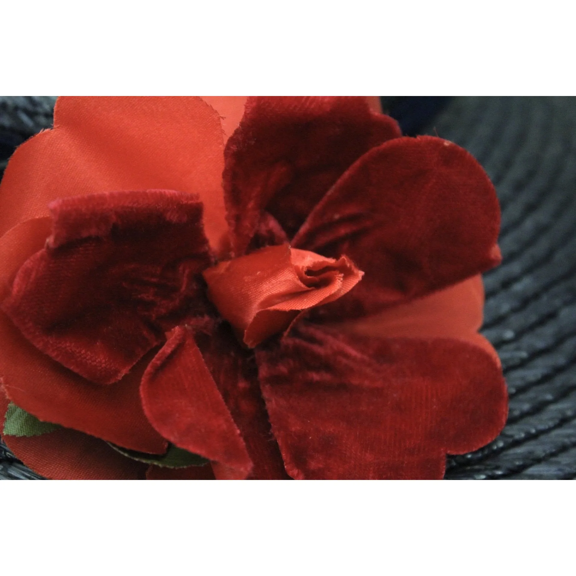 Vintage Wide Brim Dark Navy Blue Straw Hat 1940s Church Saucer Hat Red Rose O/S