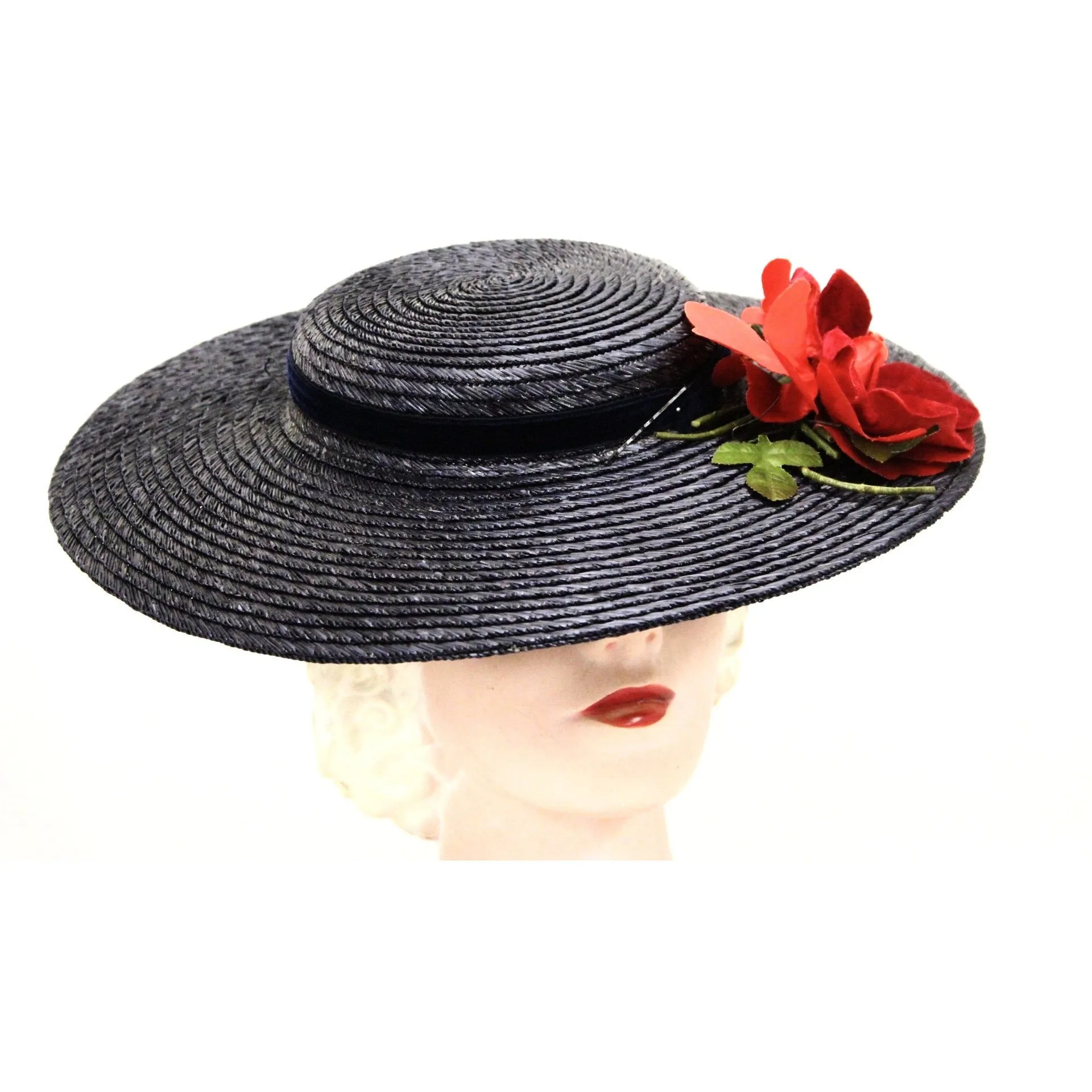 Vintage Wide Brim Dark Navy Blue Straw Hat 1940s Church Saucer Hat Red Rose O/S