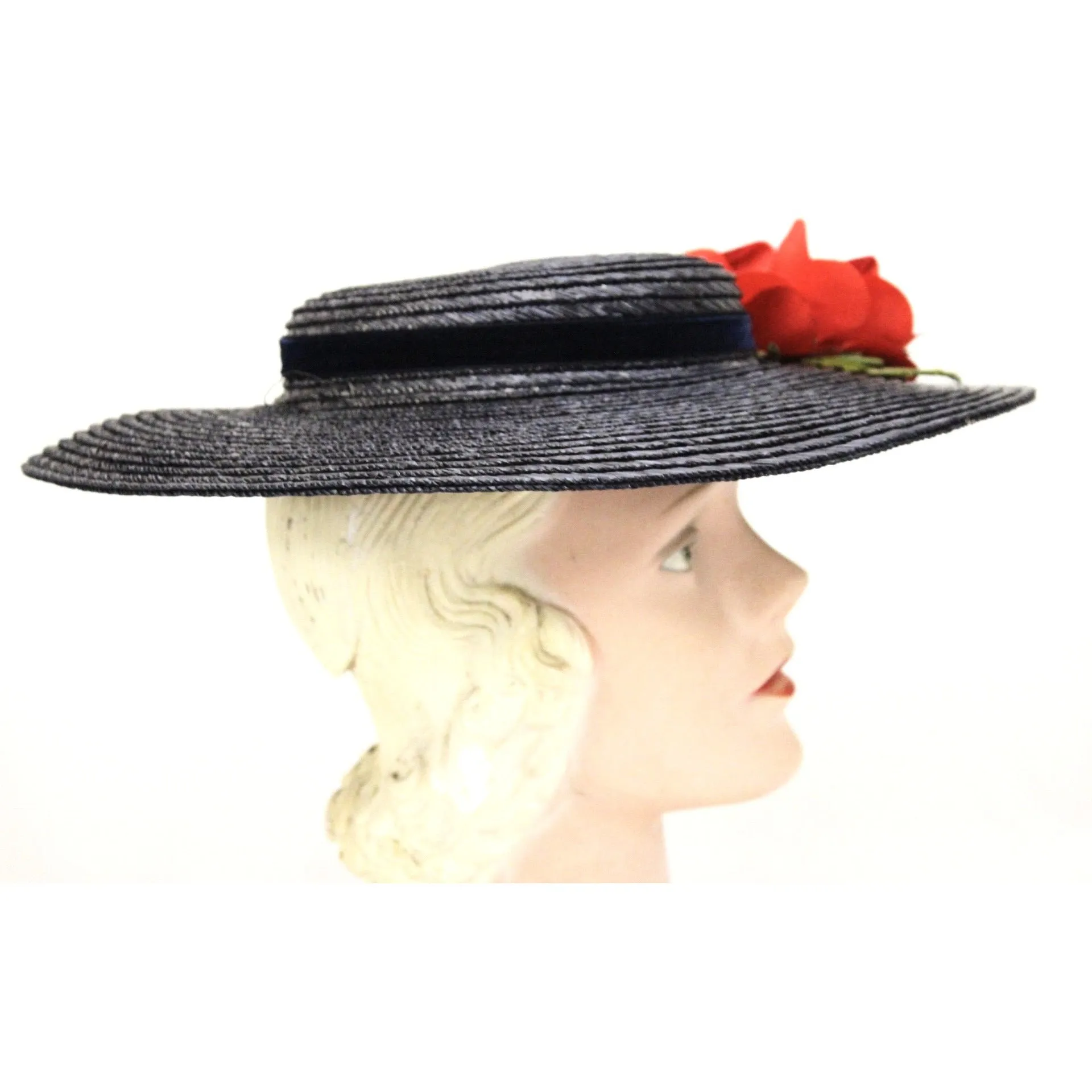 Vintage Wide Brim Dark Navy Blue Straw Hat 1940s Church Saucer Hat Red Rose O/S