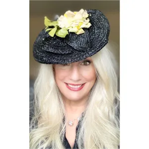 Vintage WW2 Black Straw Fascinator Hat 1940s Yellow Flowers O/S Consumer Protection Label