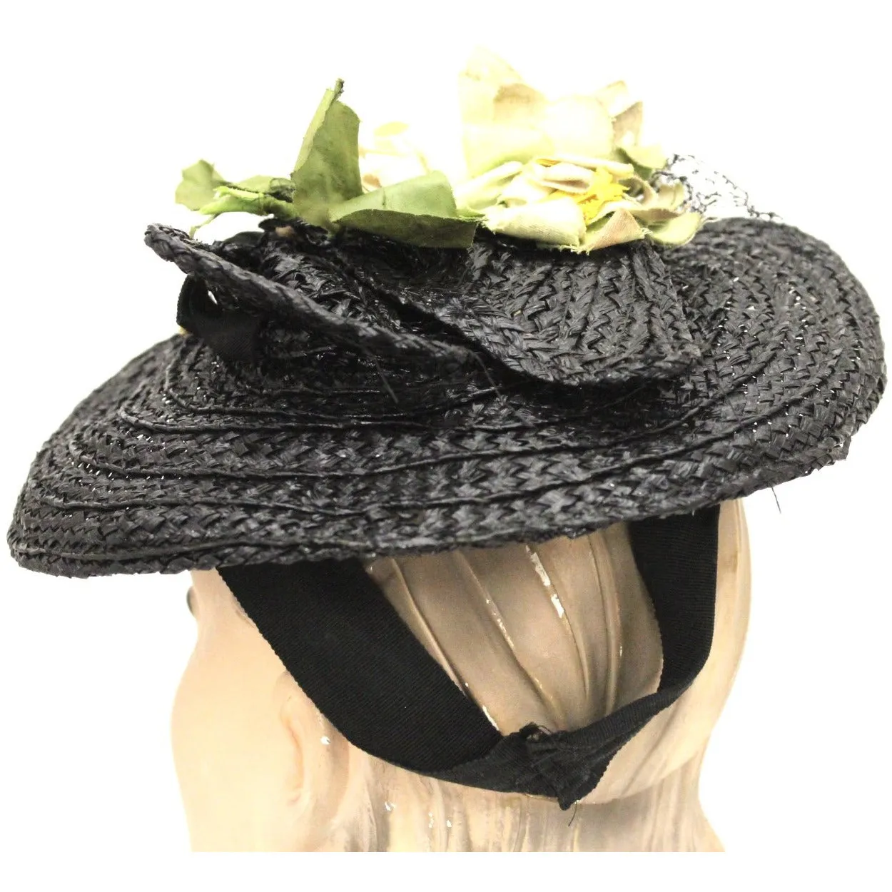 Vintage WW2 Black Straw Fascinator Hat 1940s Yellow Flowers O/S Consumer Protection Label