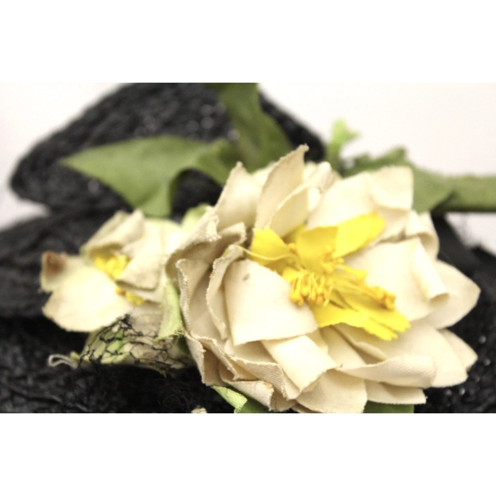 Vintage WW2 Black Straw Fascinator Hat 1940s Yellow Flowers O/S Consumer Protection Label