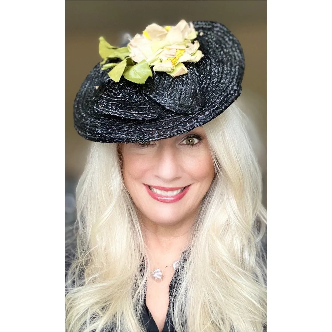 Vintage WW2 Black Straw Fascinator Hat 1940s Yellow Flowers O/S Consumer Protection Label